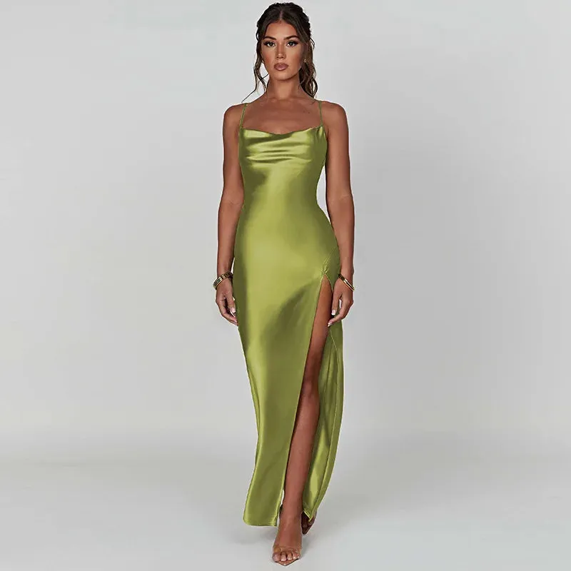 Bridesmaid Satin Dress for Weddings with Cowl Neck & Slit