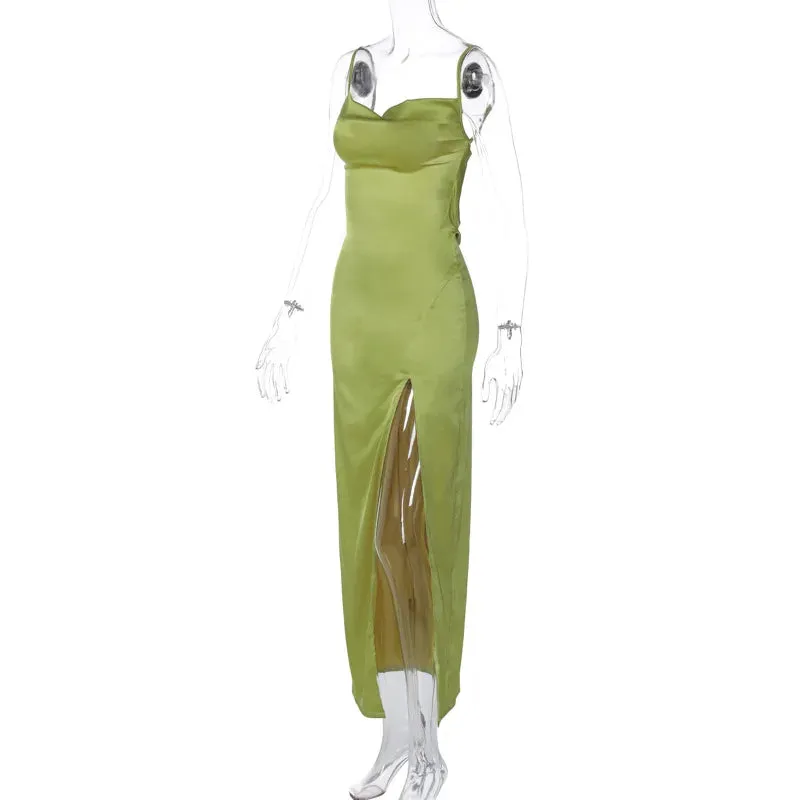 Bridesmaid Satin Dress for Weddings with Cowl Neck & Slit