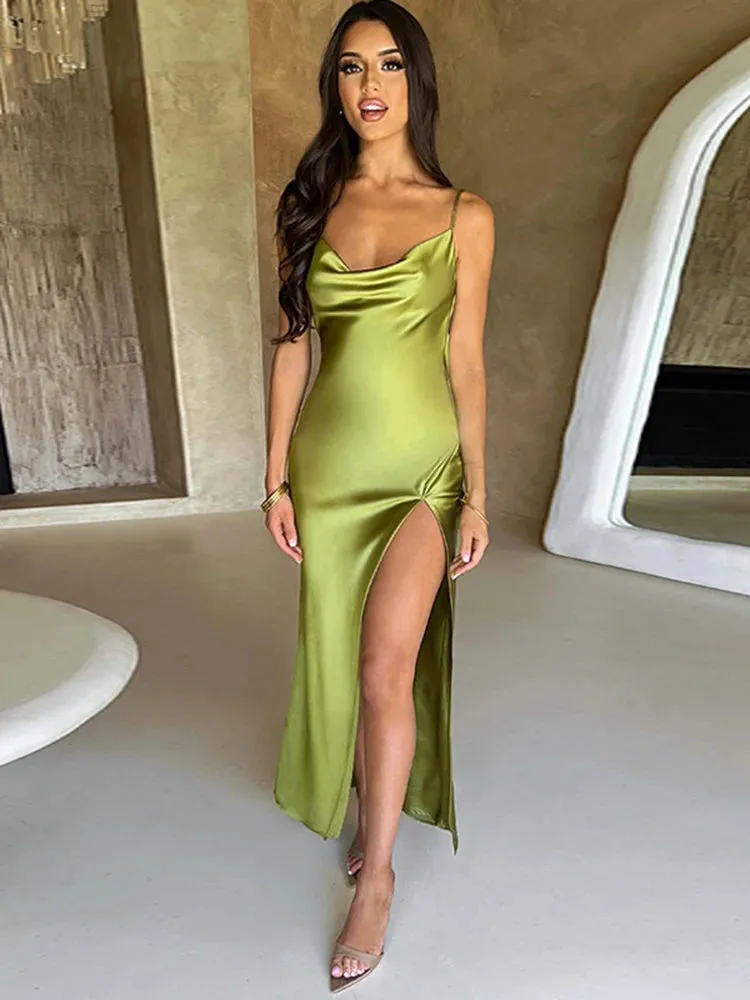 Bridesmaid Satin Dress for Weddings with Cowl Neck & Slit