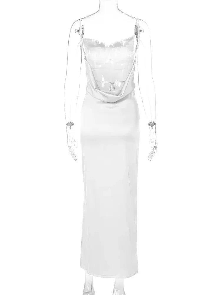 Bridesmaid Satin Dress for Weddings with Cowl Neck & Slit