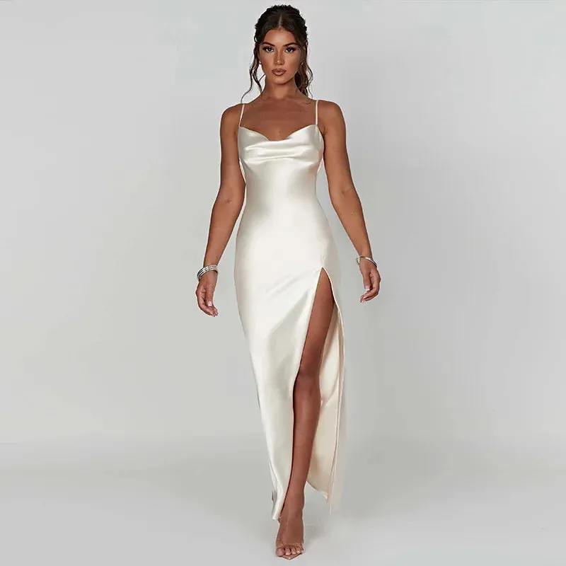Bridesmaid Satin Dress for Weddings with Cowl Neck & Slit