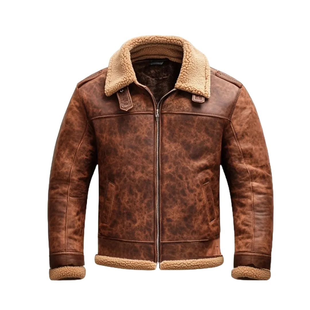 Brown Shearling Collar Aviator Jacket - Crafted with Leather | El Zoro