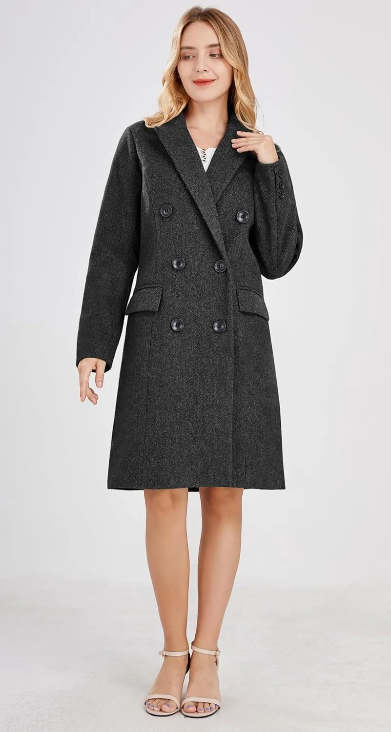 chouyatou Women's Basic Designed Notch Lapel Double Breasted Mid-Long Wool Pea Coat