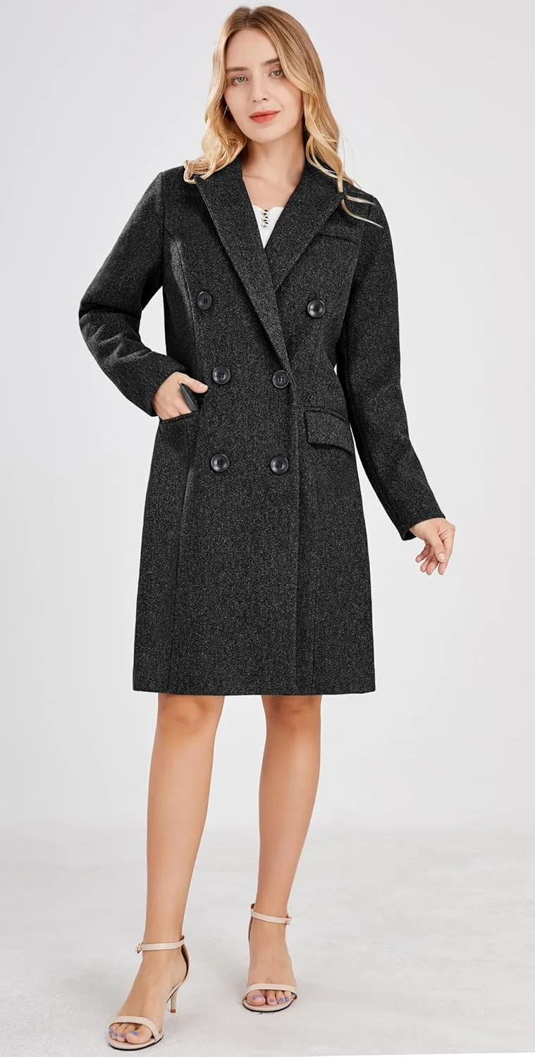 chouyatou Women's Basic Designed Notch Lapel Double Breasted Mid-Long Wool Pea Coat