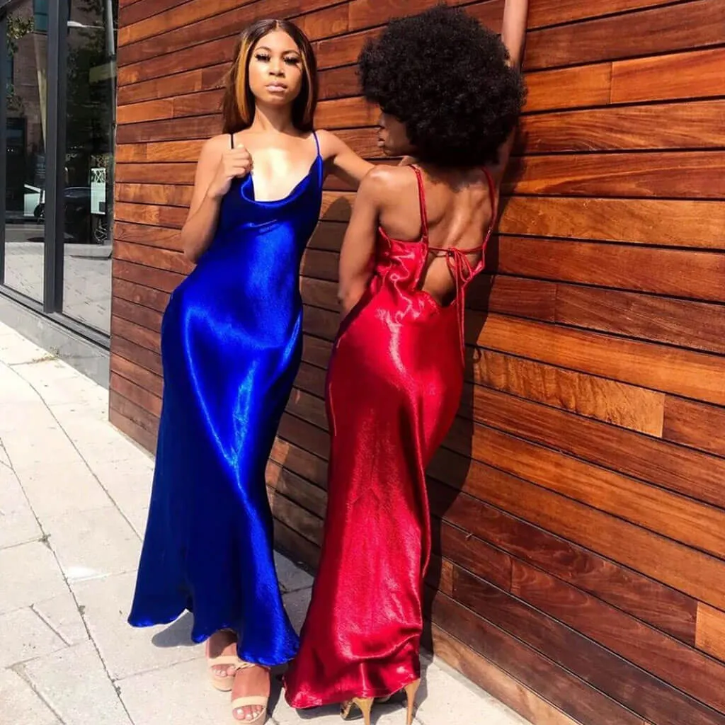 Classy Cowl Neck Tie String Silky Slip Maxi Dresses - Blue
