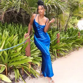 Classy Cowl Neck Tie String Silky Slip Maxi Dresses - Blue