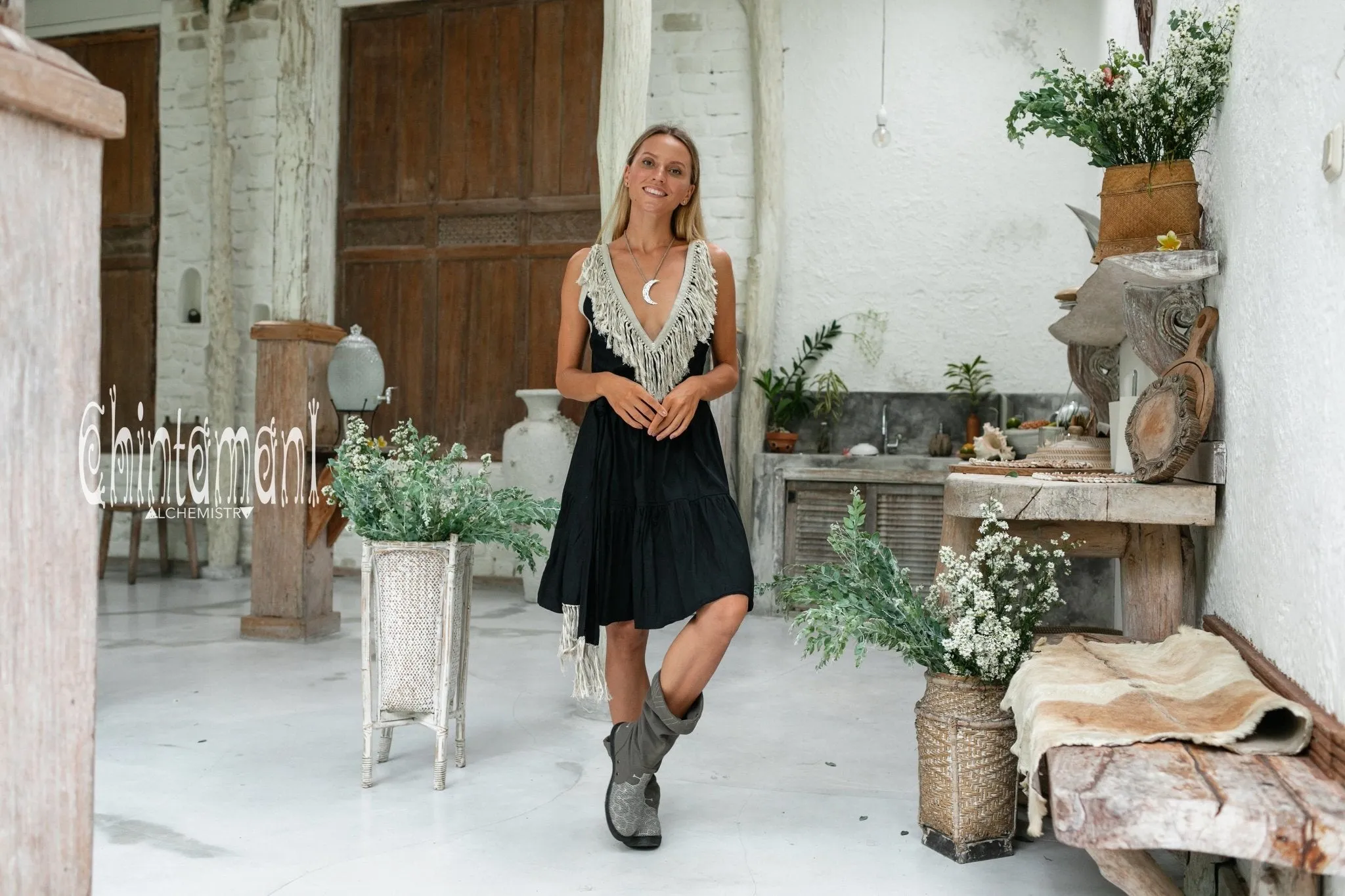 Cotton Tiered Midi Dress with Fringes / Black