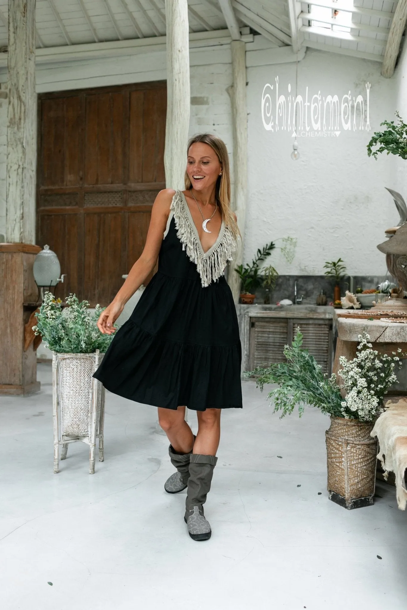Cotton Tiered Midi Dress with Fringes / Black