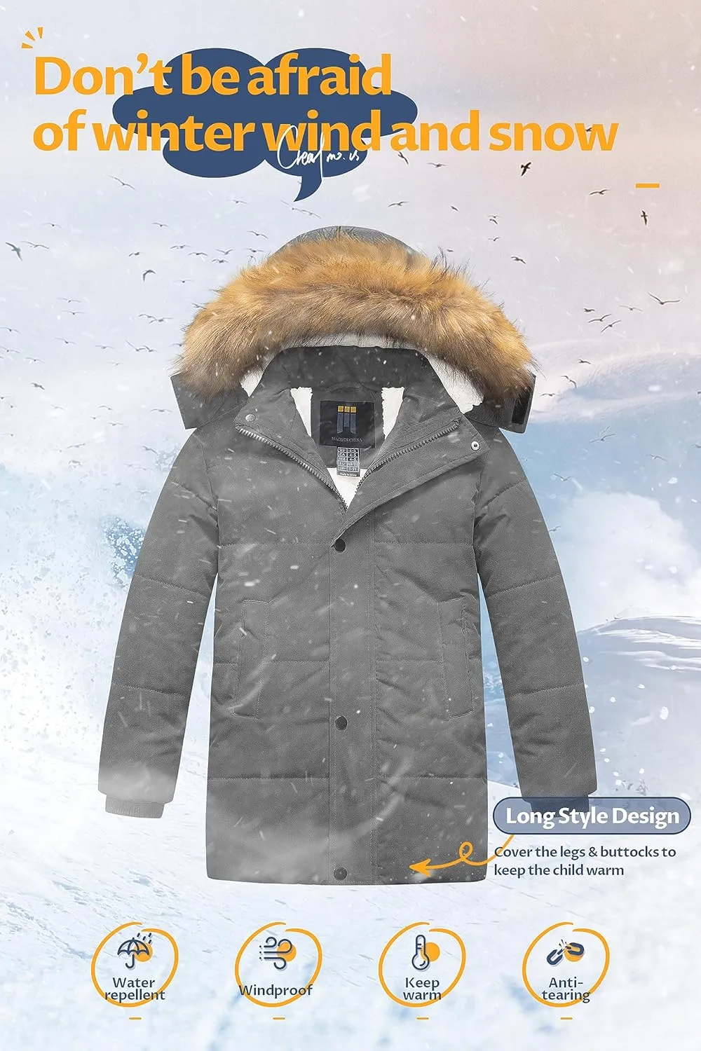 CREATMO US Boy's Sherpa Long Parka Winter Coat Thicken Water Repellent Puffer Jacket With Removable Faux Fur Hood