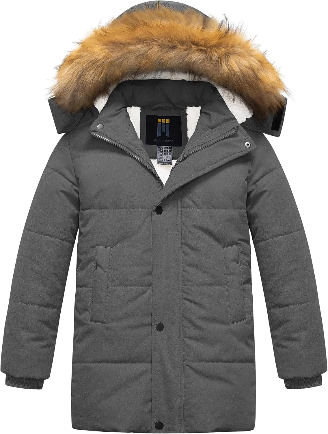 CREATMO US Boy's Sherpa Long Parka Winter Coat Thicken Water Repellent Puffer Jacket With Removable Faux Fur Hood
