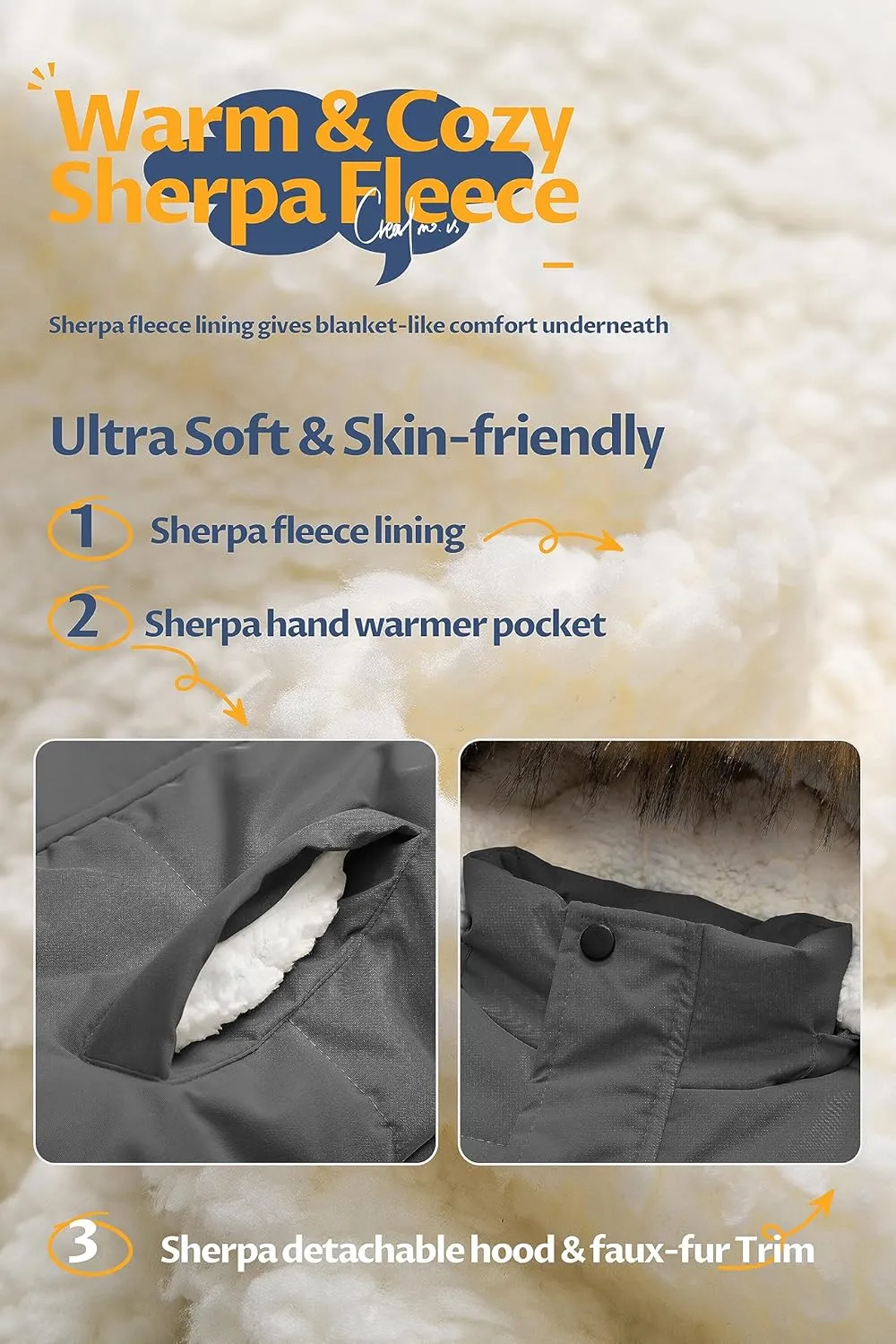 CREATMO US Boy's Sherpa Long Parka Winter Coat Thicken Water Repellent Puffer Jacket With Removable Faux Fur Hood