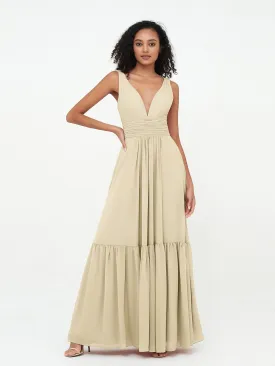 Deep-V Neck Chiffon Tiered Skirt Boho Dresses-Champagne