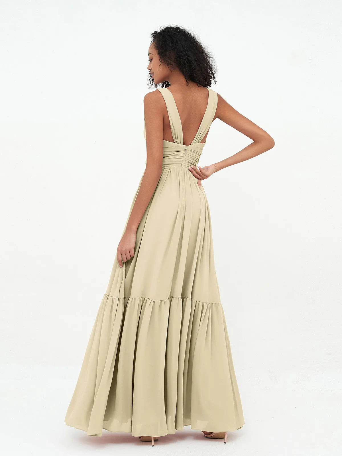Deep-V Neck Chiffon Tiered Skirt Boho Dresses-Champagne