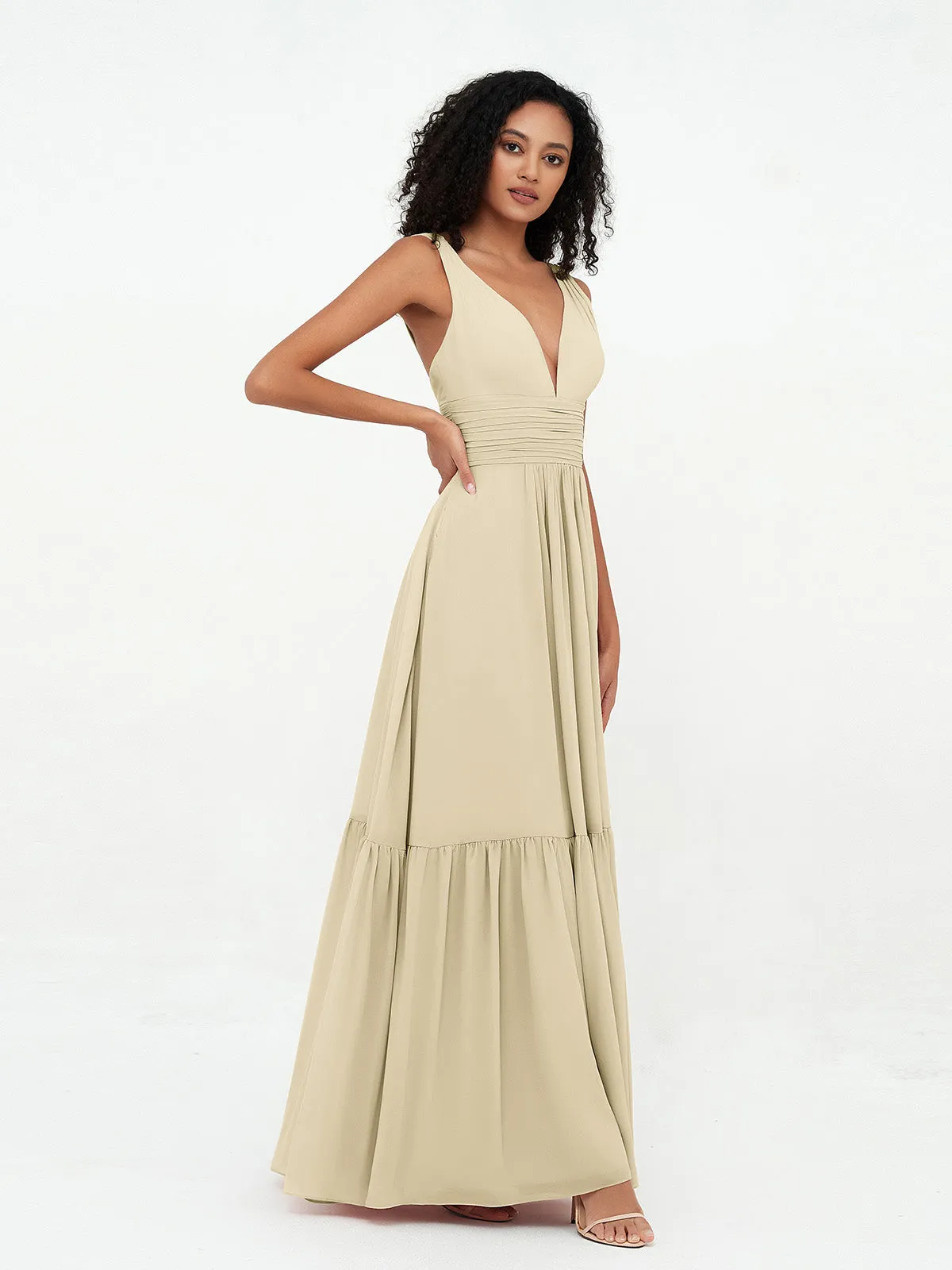 Deep-V Neck Chiffon Tiered Skirt Boho Dresses-Champagne