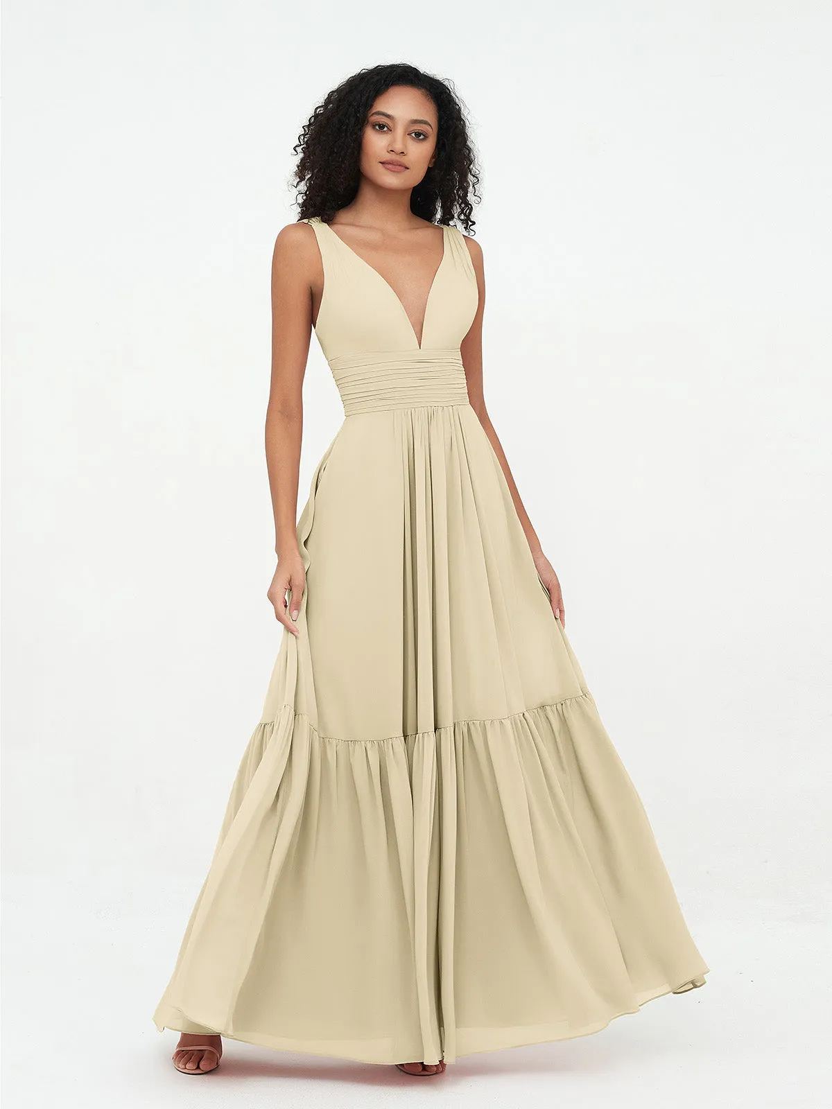 Deep-V Neck Chiffon Tiered Skirt Boho Dresses-Champagne
