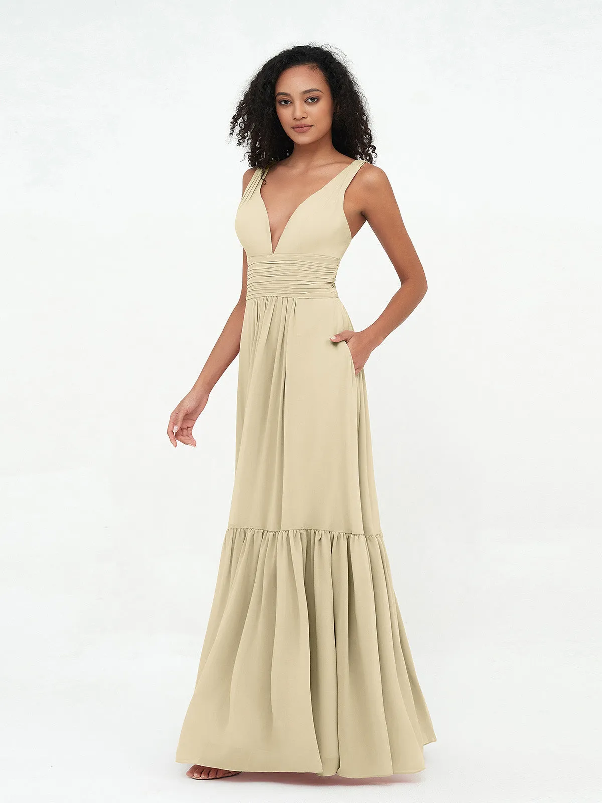 Deep-V Neck Chiffon Tiered Skirt Boho Dresses-Champagne