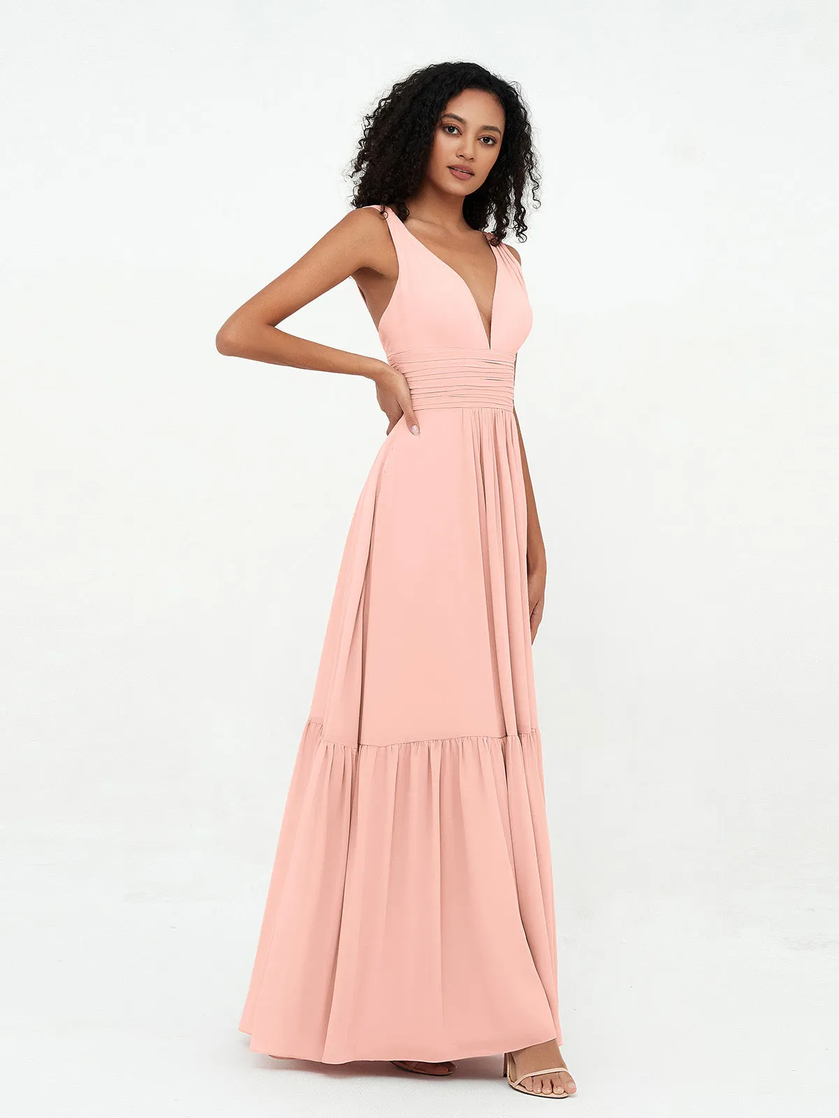Deep-V Neck Chiffon Tiered Skirt Boho Dresses-Coral