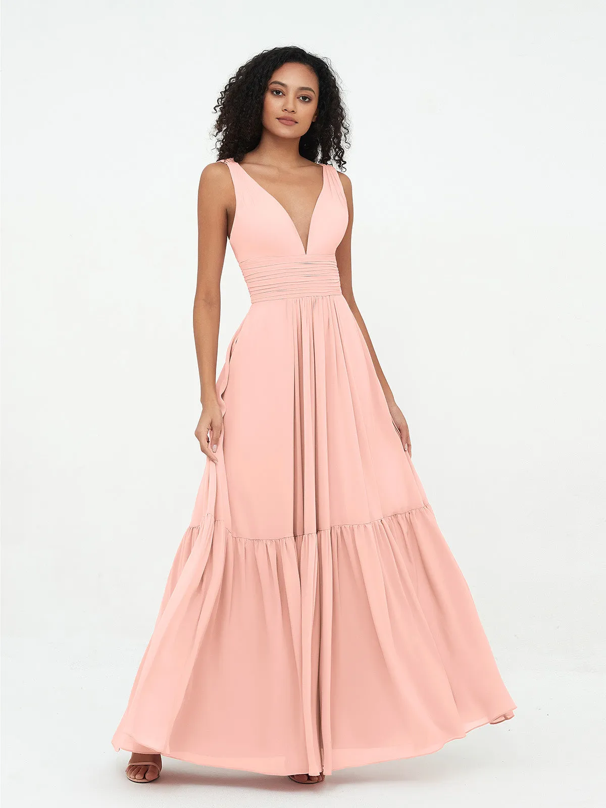 Deep-V Neck Chiffon Tiered Skirt Boho Dresses-Coral