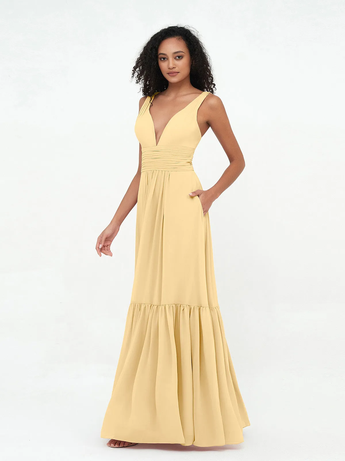 Deep-V Neck Chiffon Tiered Skirt Boho Dresses-Gold