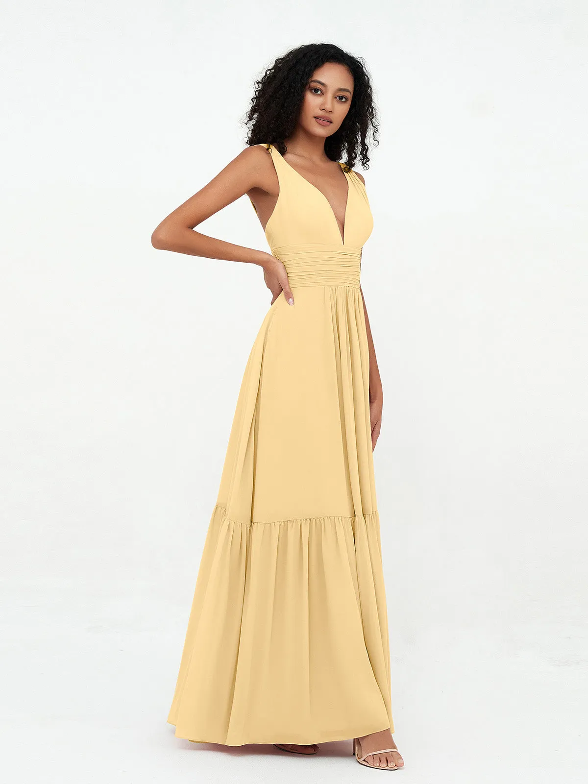 Deep-V Neck Chiffon Tiered Skirt Boho Dresses-Gold