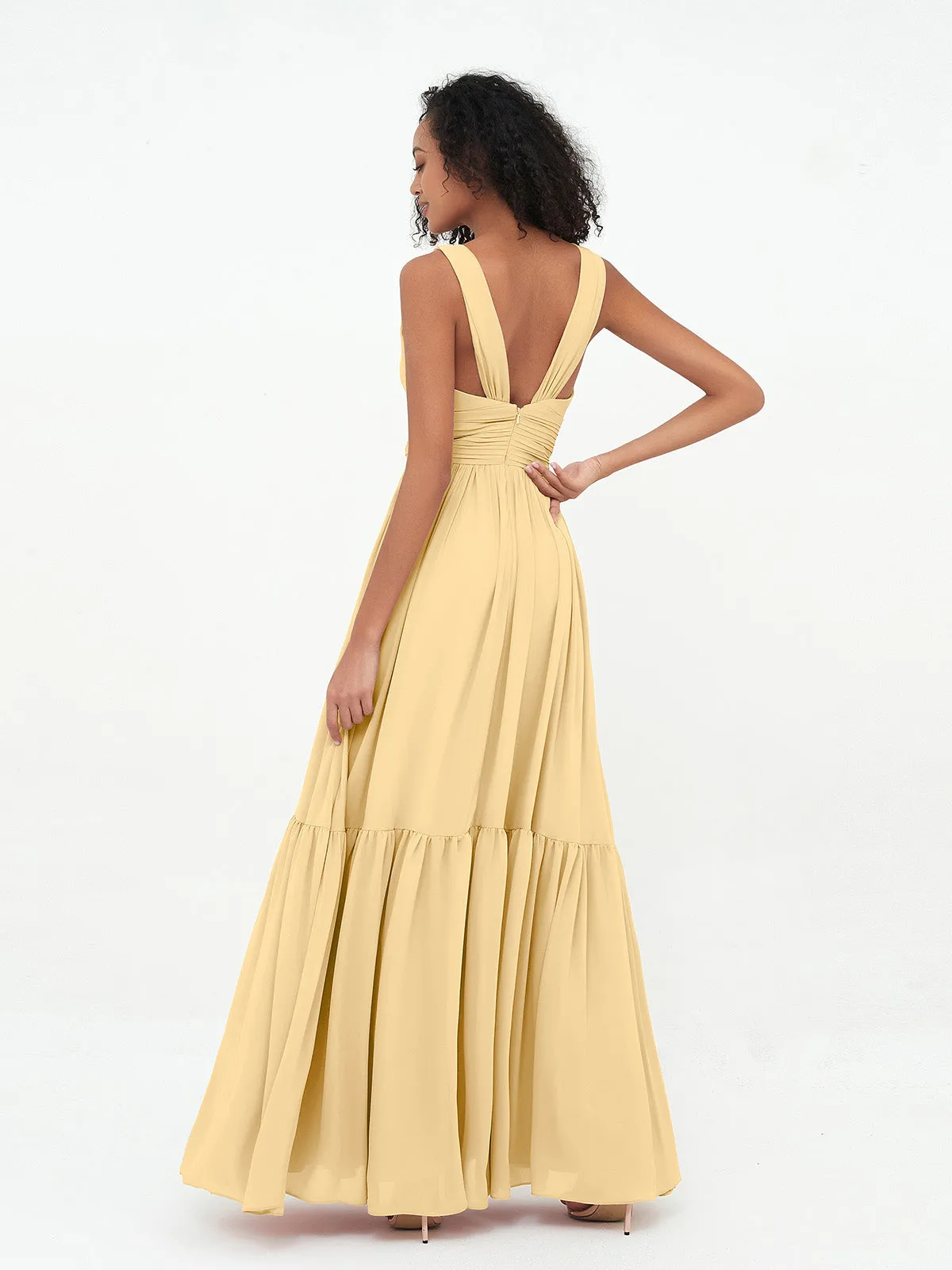 Deep-V Neck Chiffon Tiered Skirt Boho Dresses-Gold