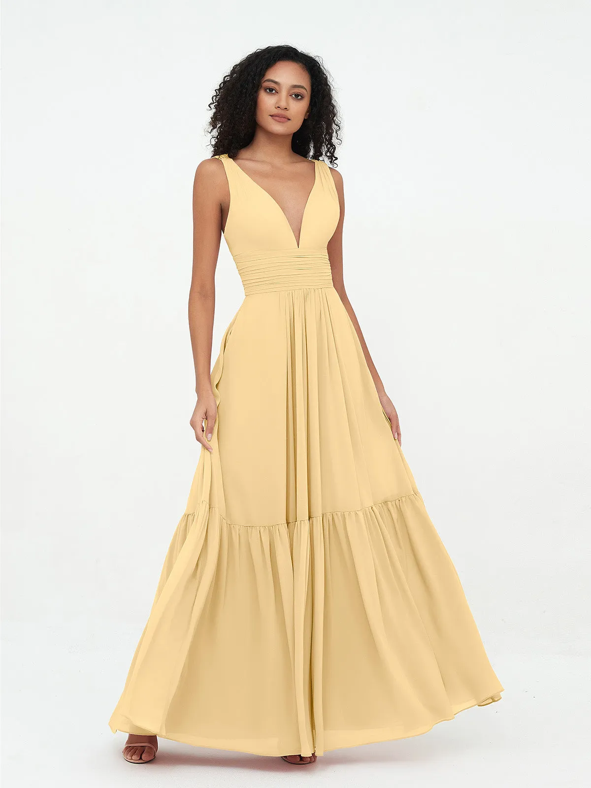 Deep-V Neck Chiffon Tiered Skirt Boho Dresses-Gold