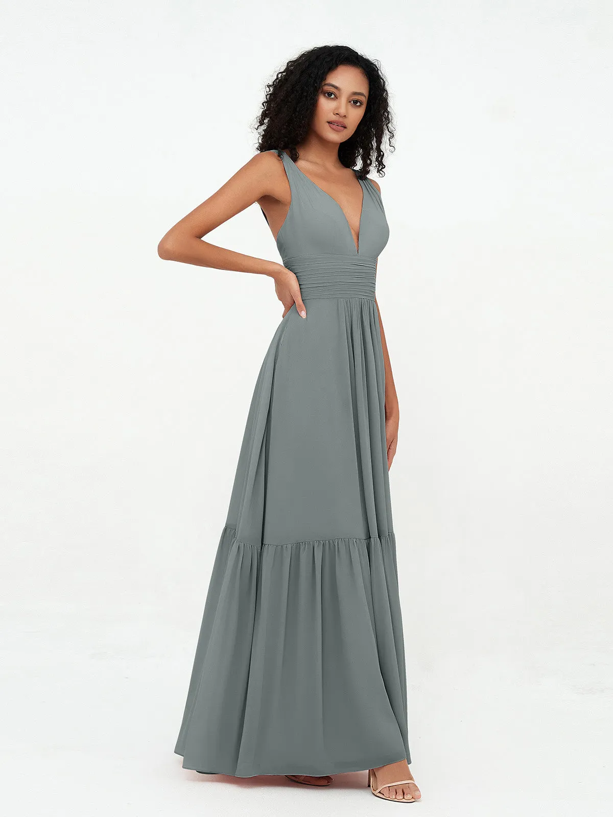 Deep-V Neck Chiffon Tiered Skirt Boho Dresses-Steel Grey