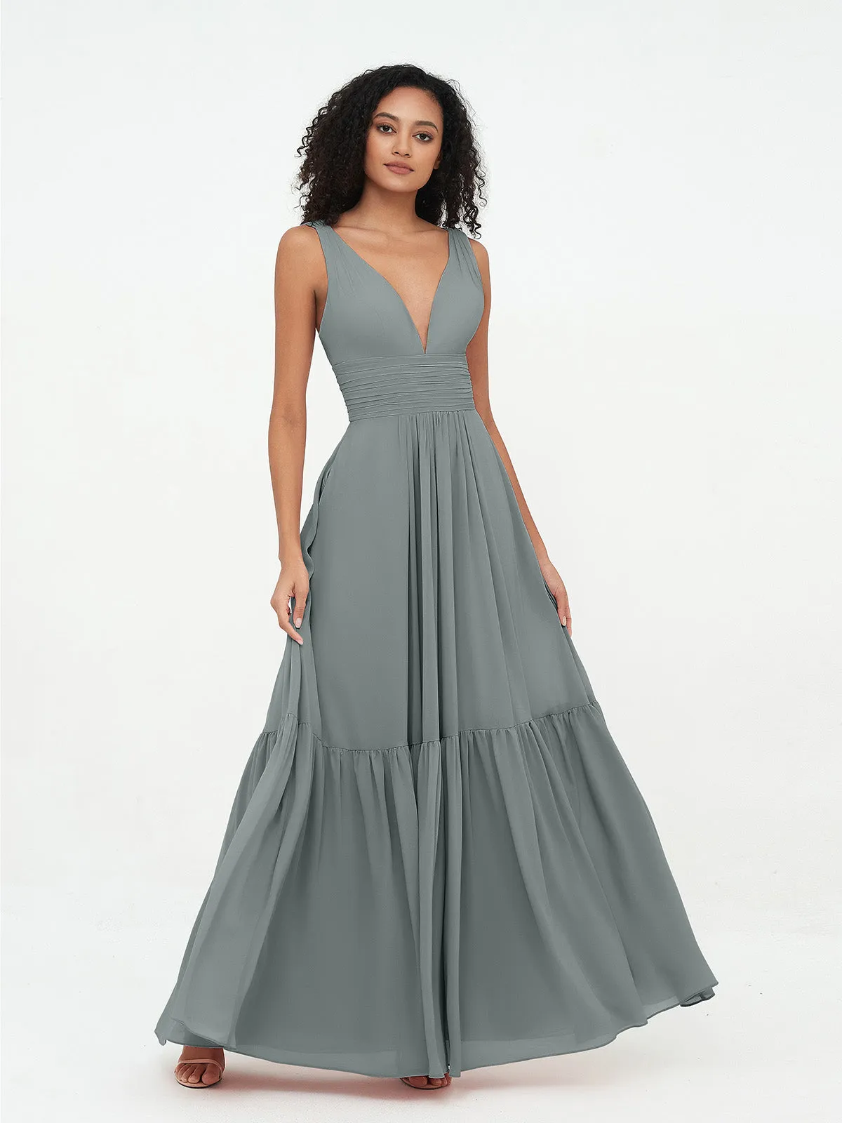 Deep-V Neck Chiffon Tiered Skirt Boho Dresses-Steel Grey