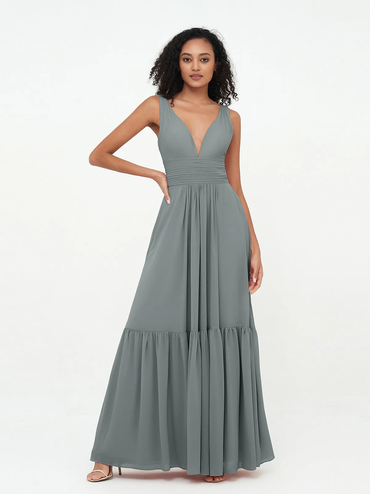 Deep-V Neck Chiffon Tiered Skirt Boho Dresses-Steel Grey