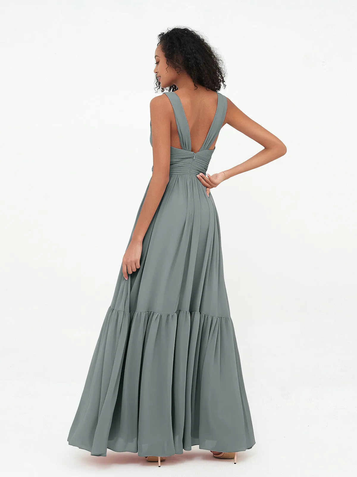 Deep-V Neck Chiffon Tiered Skirt Boho Dresses-Steel Grey