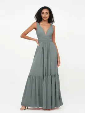 Deep-V Neck Chiffon Tiered Skirt Boho Dresses-Steel Grey