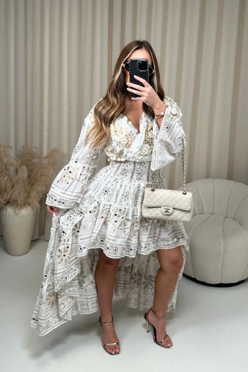 Eloise cream embellished high low tiered dress
