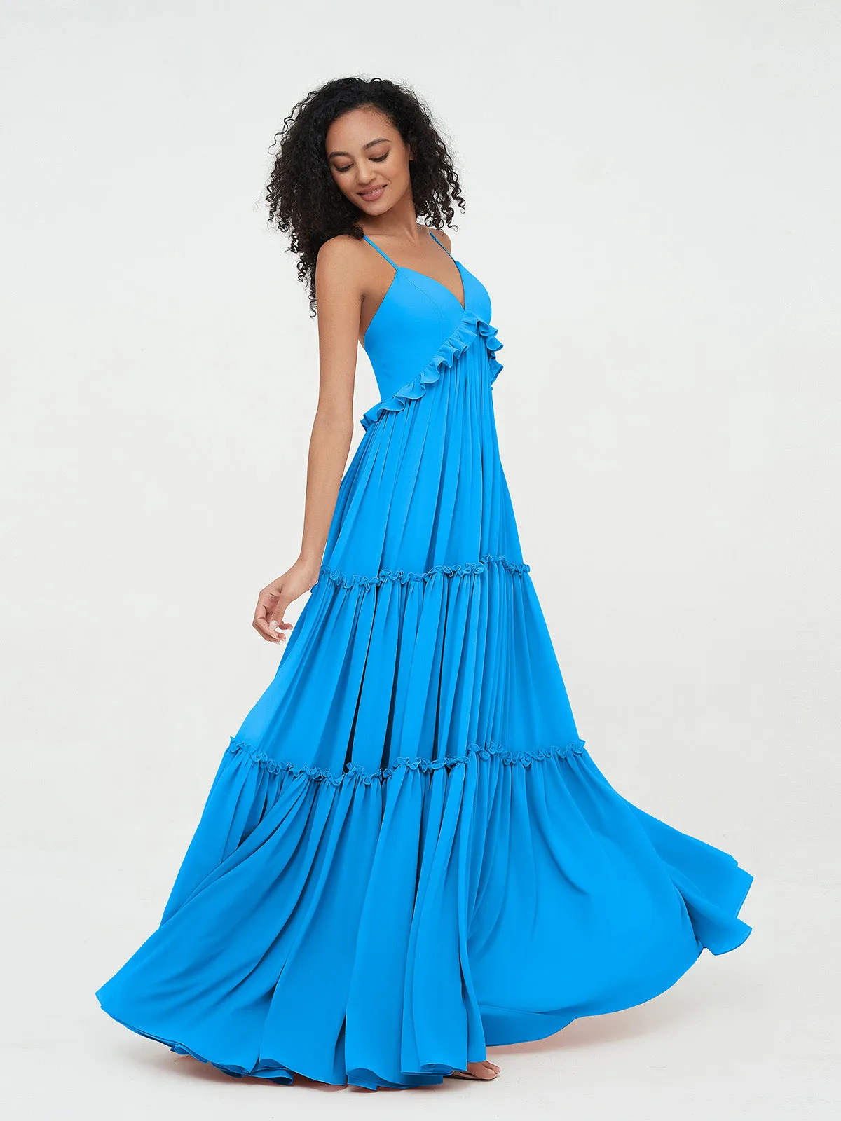 Empire Chiffon Tiered Skirt Max Bohemian Dresses-Ocean Blue