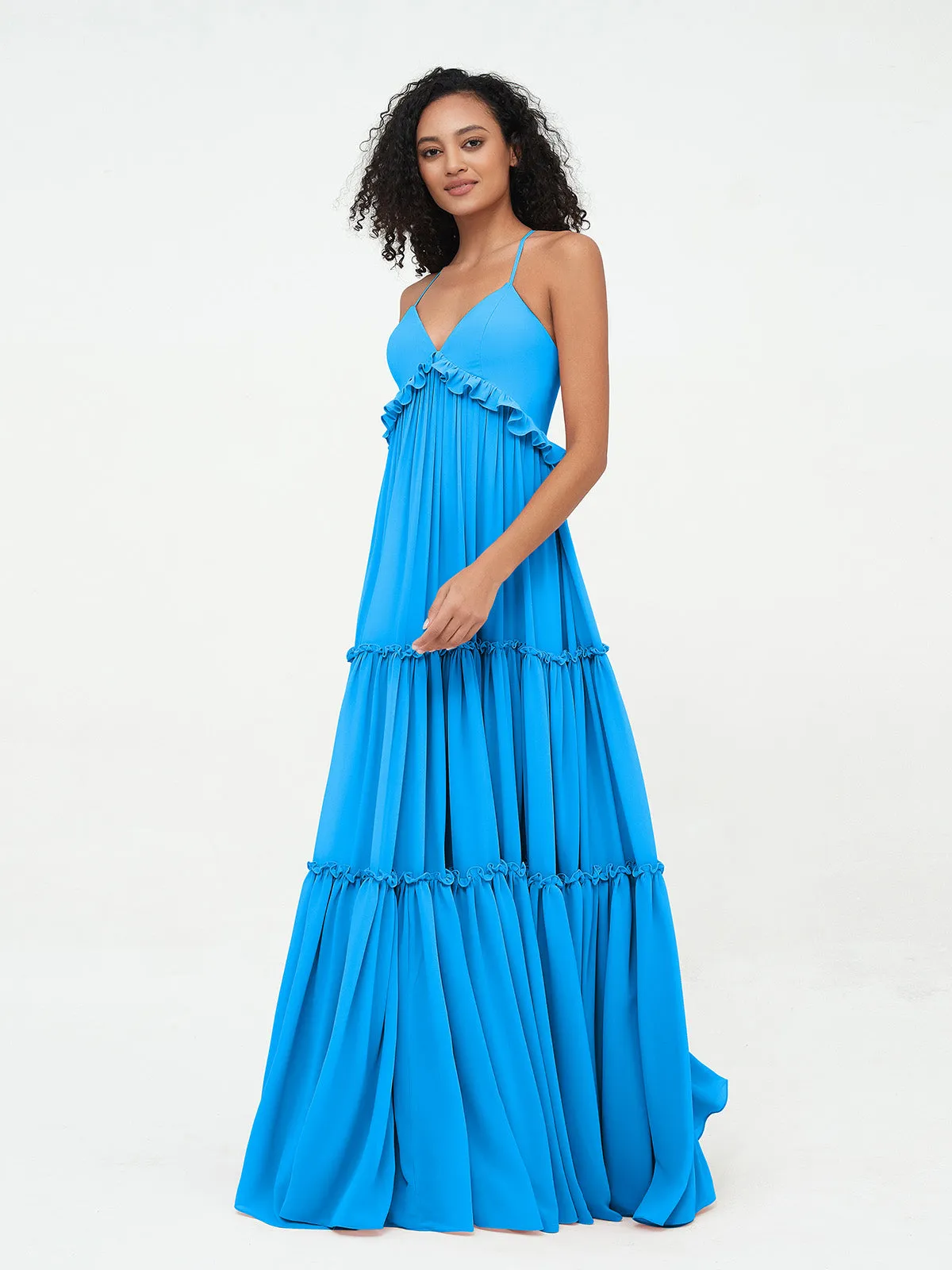 Empire Chiffon Tiered Skirt Max Bohemian Dresses-Ocean Blue