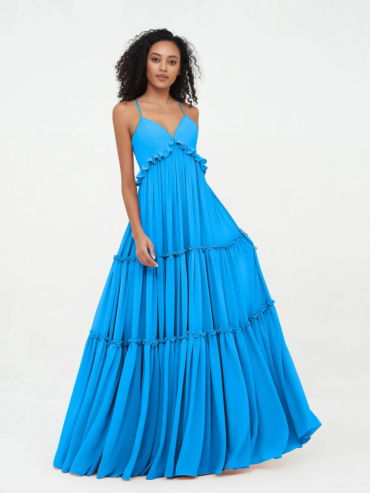 Empire Chiffon Tiered Skirt Max Bohemian Dresses-Ocean Blue