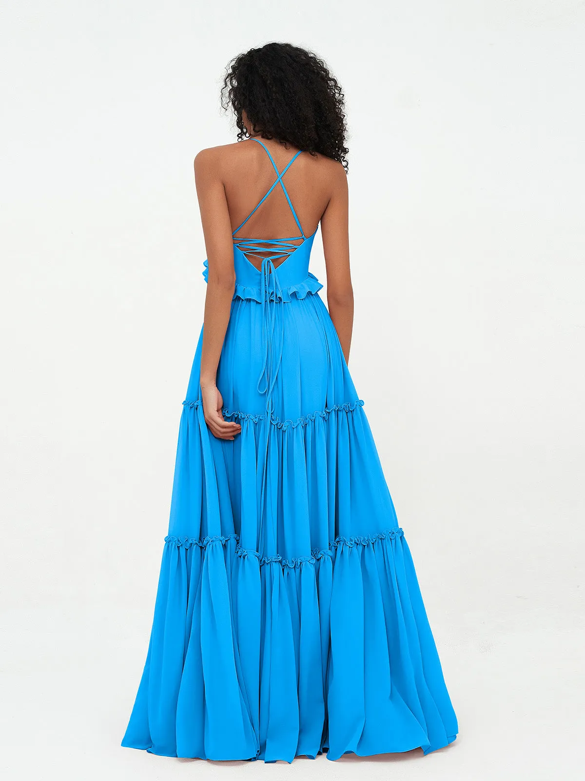 Empire Chiffon Tiered Skirt Max Bohemian Dresses-Ocean Blue