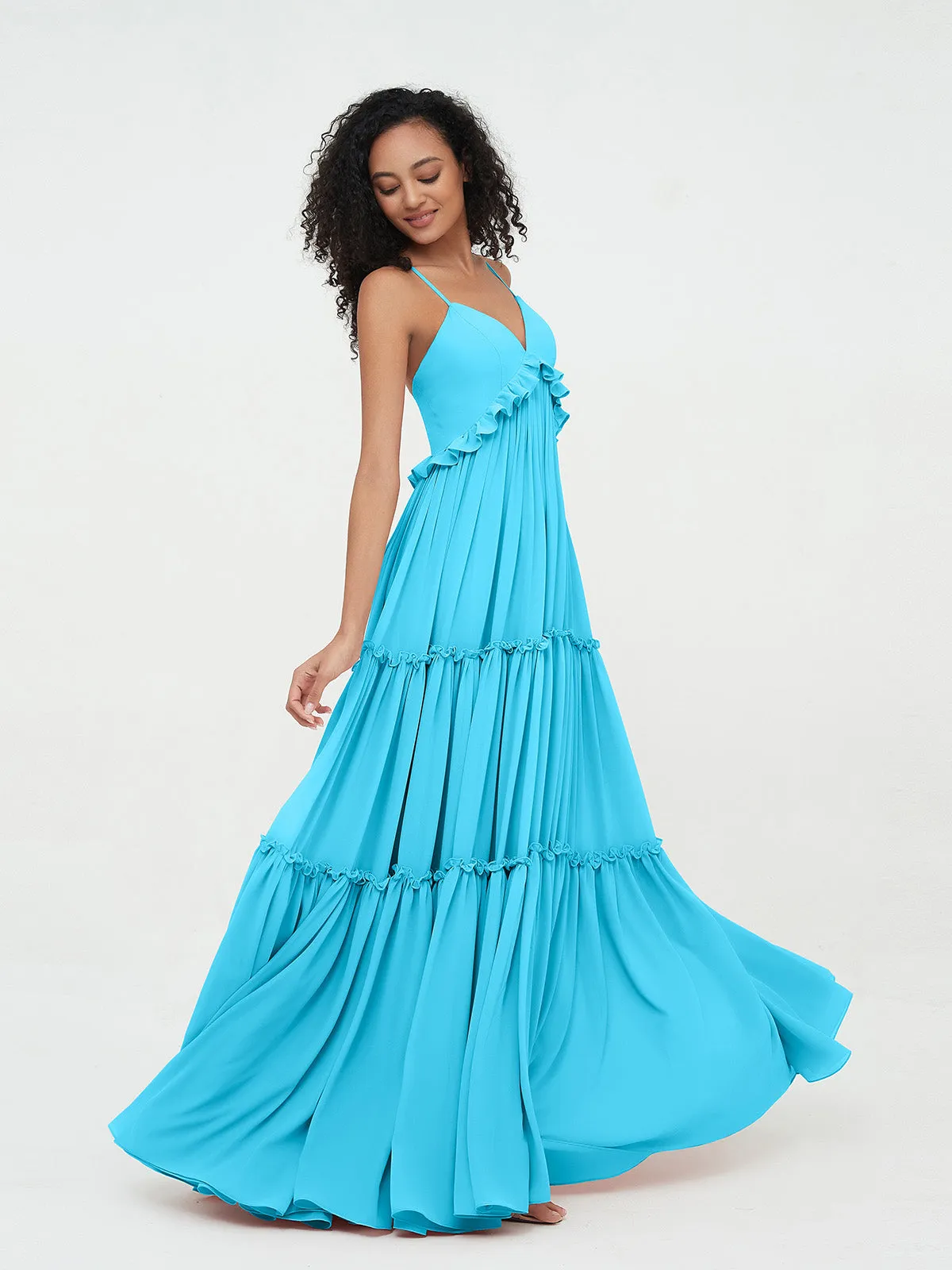 Empire Chiffon Tiered Skirt Max Bohemian Dresses-Pool