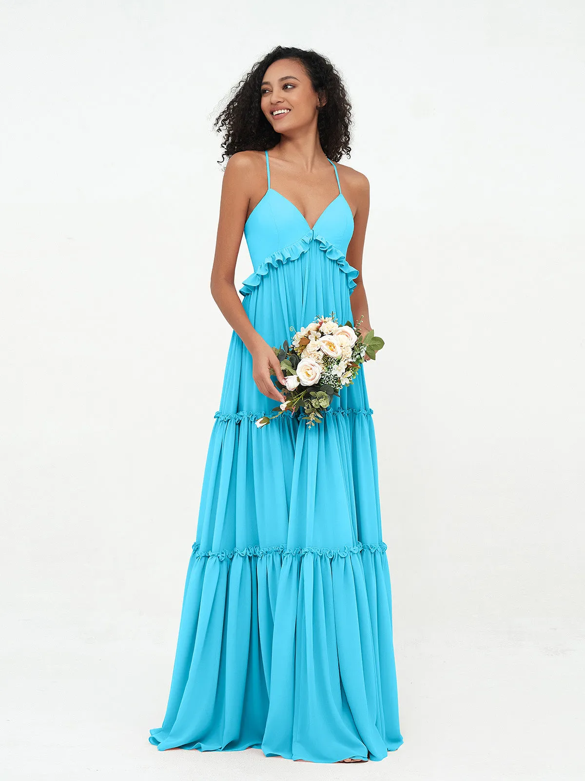Empire Chiffon Tiered Skirt Max Bohemian Dresses-Pool
