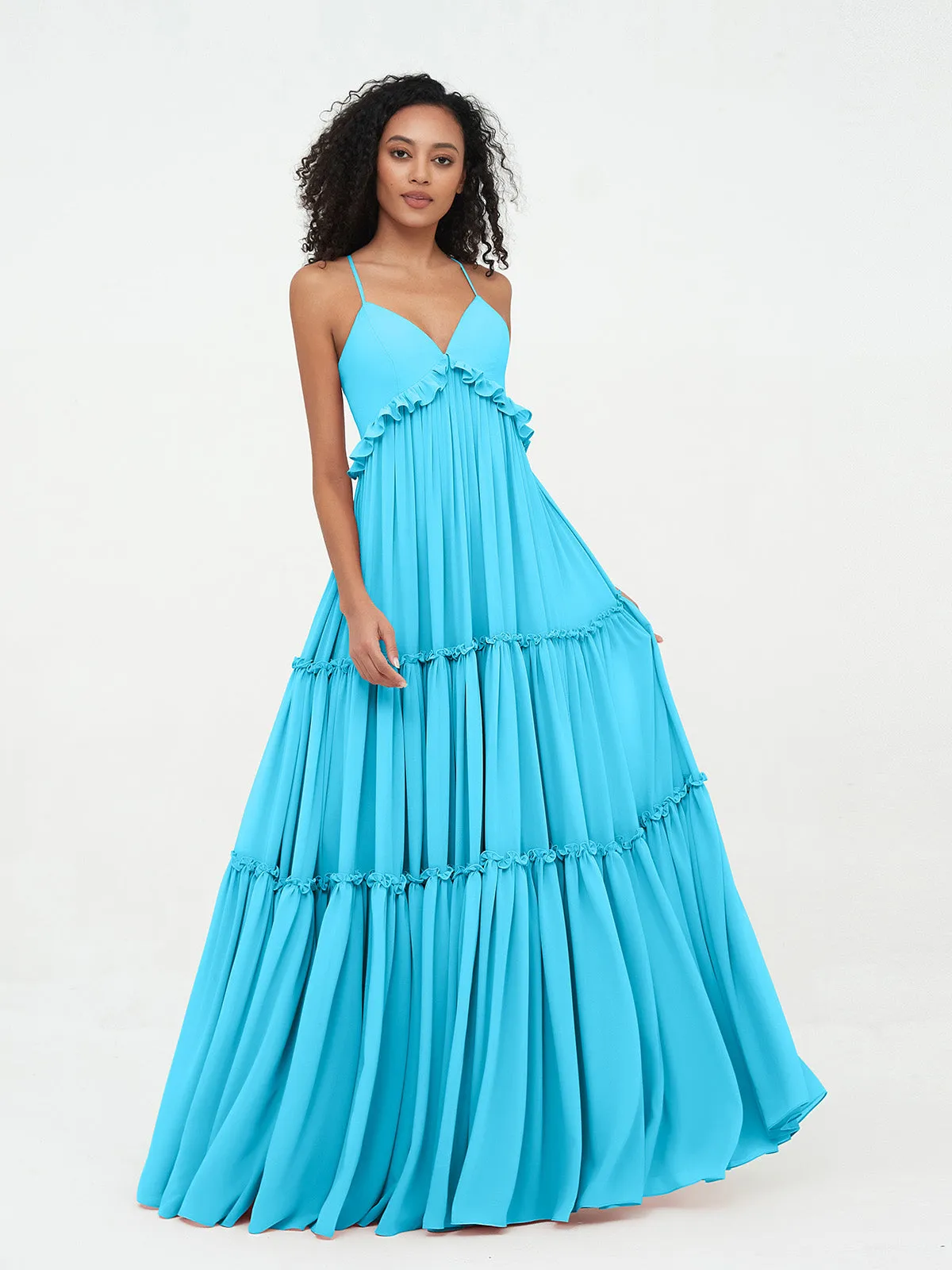 Empire Chiffon Tiered Skirt Max Bohemian Dresses-Pool
