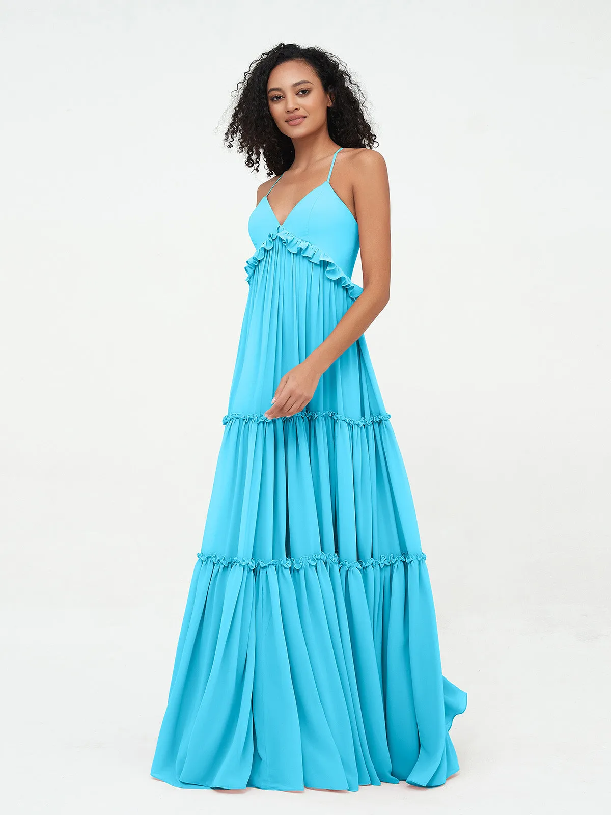 Empire Chiffon Tiered Skirt Max Bohemian Dresses-Pool
