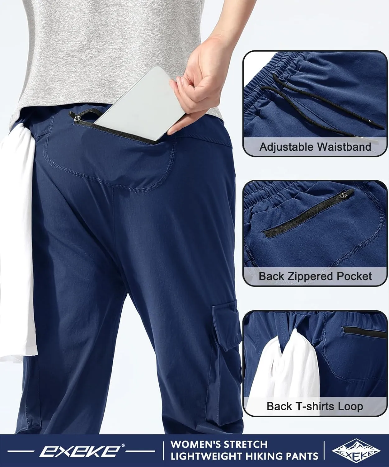 EXEKE Women's Lightweight Hiking Pants Quick Dry Tapered Cargo Joggers Stretch Workout Lounge Pants with Zipper Pockets