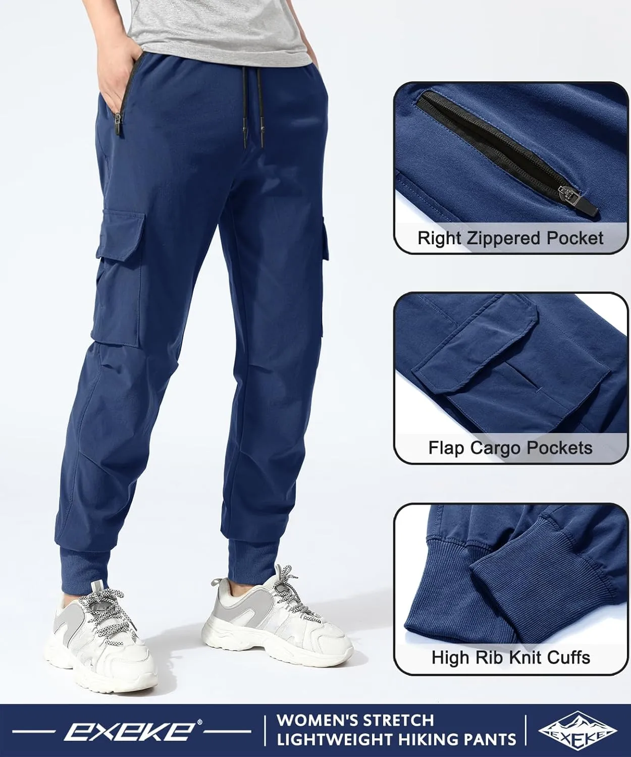 EXEKE Women's Lightweight Hiking Pants Quick Dry Tapered Cargo Joggers Stretch Workout Lounge Pants with Zipper Pockets