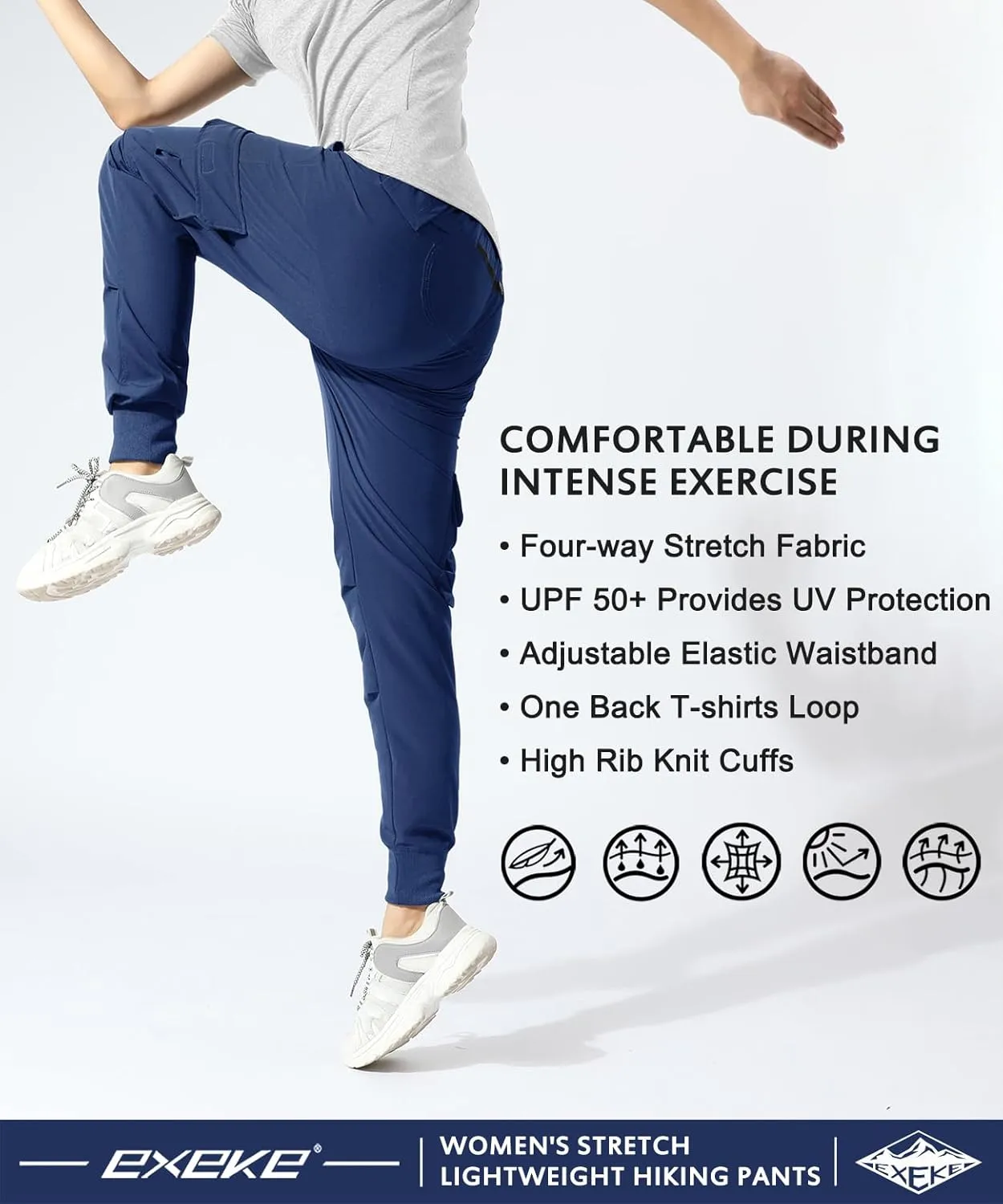 EXEKE Women's Lightweight Hiking Pants Quick Dry Tapered Cargo Joggers Stretch Workout Lounge Pants with Zipper Pockets