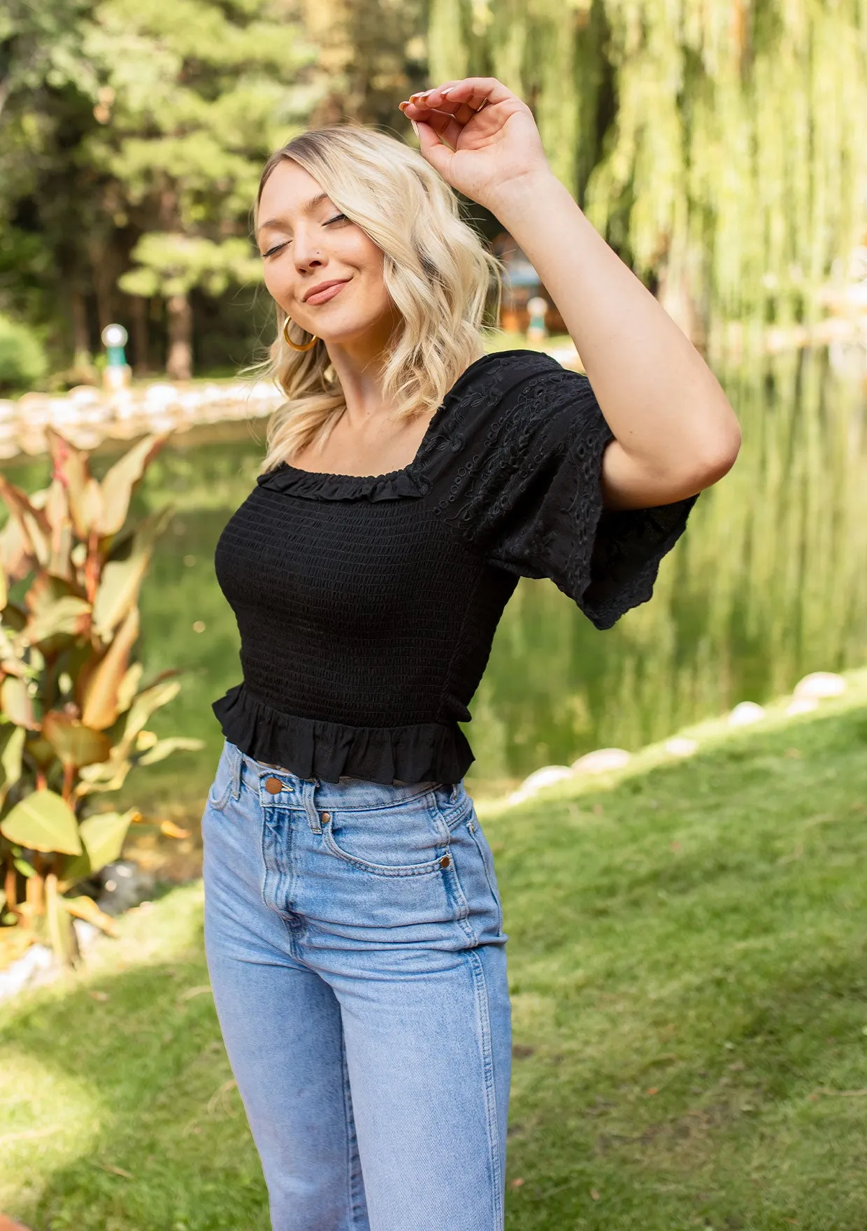 Eyelet Embroidered Smocked Half Sleeve Crop Top