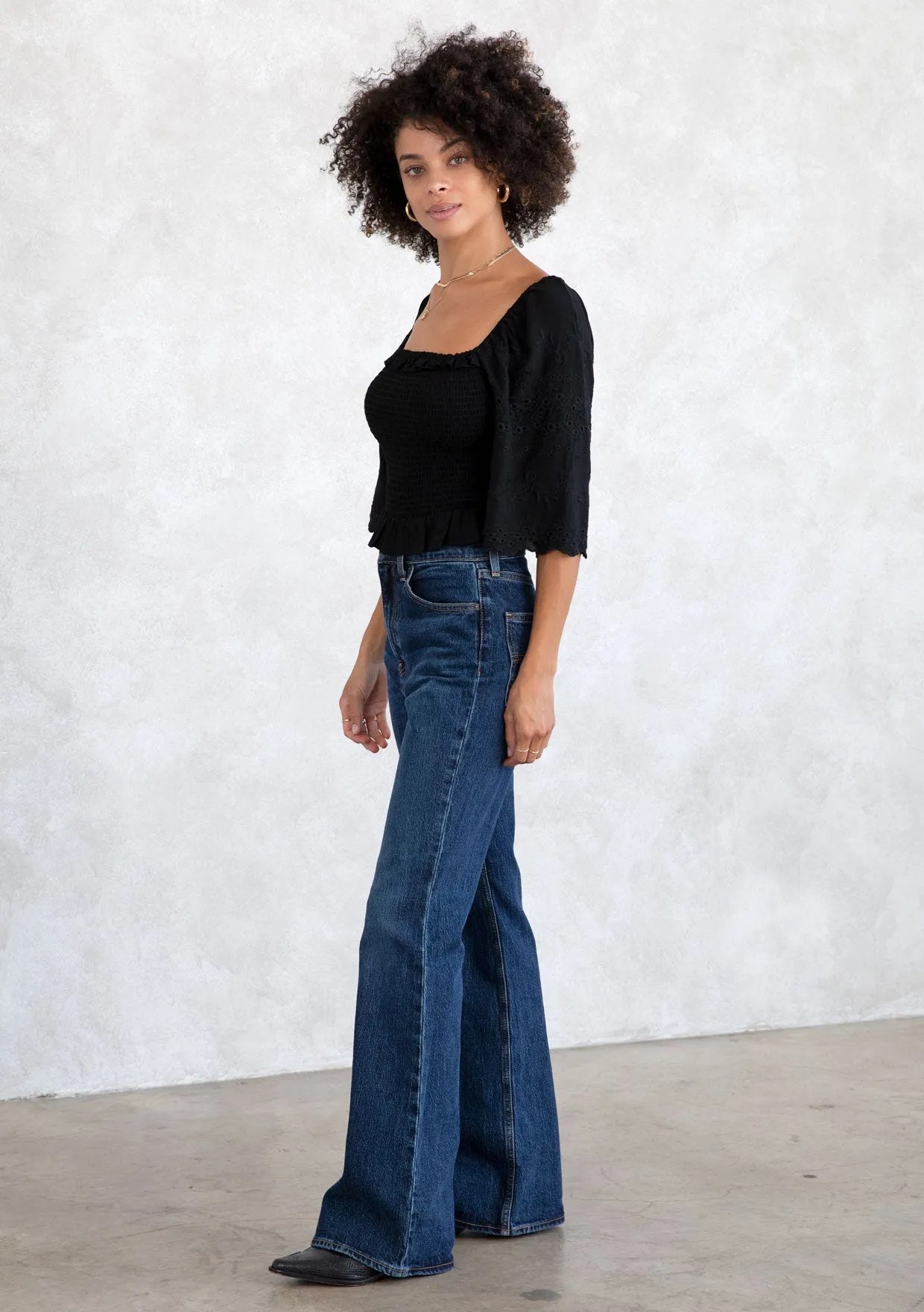 Eyelet Embroidered Smocked Half Sleeve Crop Top