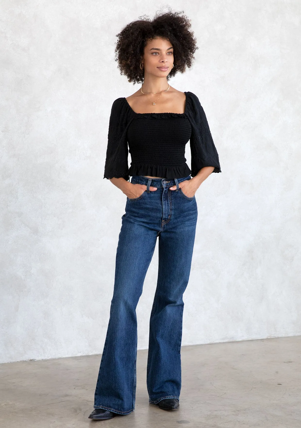 Eyelet Embroidered Smocked Half Sleeve Crop Top