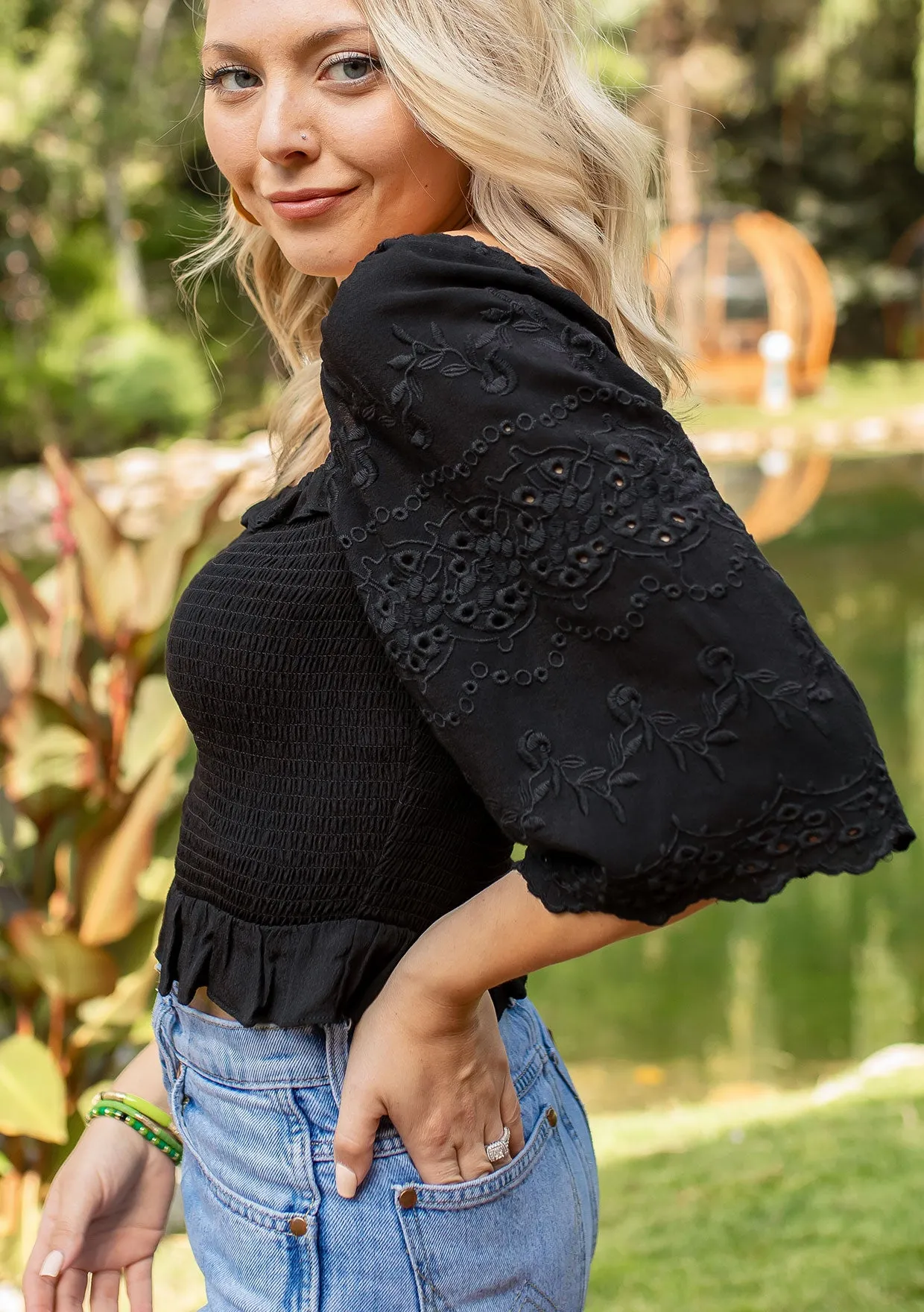Eyelet Embroidered Smocked Half Sleeve Crop Top
