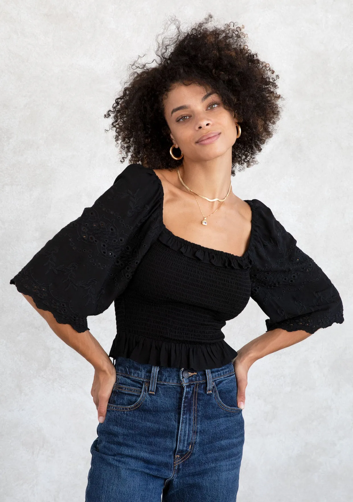 Eyelet Embroidered Smocked Half Sleeve Crop Top