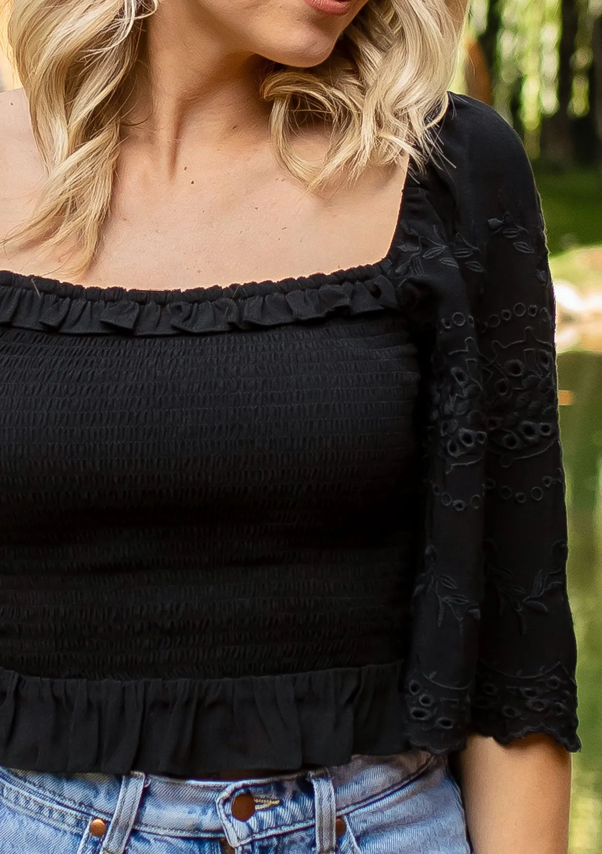 Eyelet Embroidered Smocked Half Sleeve Crop Top