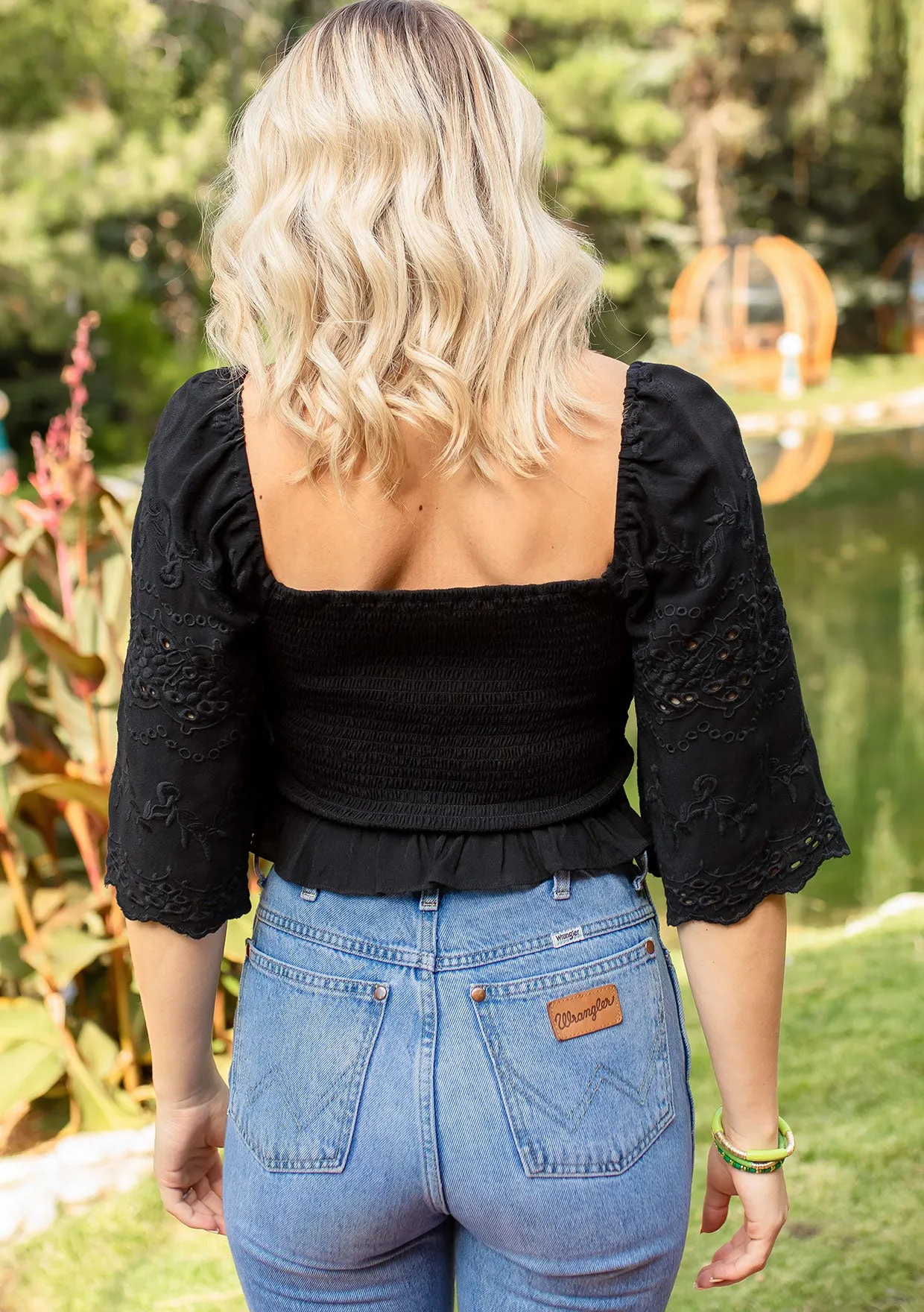 Eyelet Embroidered Smocked Half Sleeve Crop Top